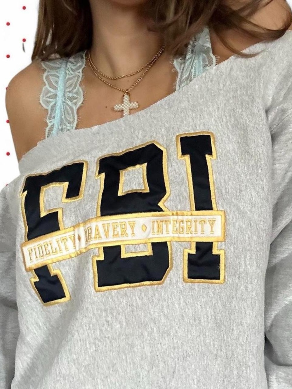 Off-Shoulder Gray Sweatshirt with Navy & Gold FBI Appliqué